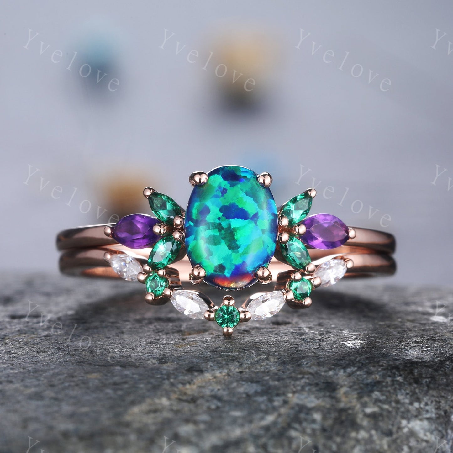 Blue Sandstone Wedding Ring Set Oval Sandstone Engagement Ring14k Gold Wedding Ring Emerald Amethyst Floral Promise Jewelry Anniversary Gift