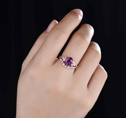 Amethyst ring set rose gold amethyst engagement ring women promise ring oval cut amethyst moissanite stacking band crown ring