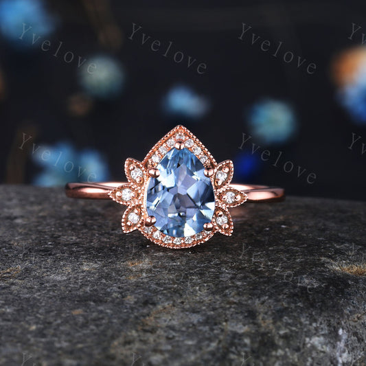 Aquamarine ring,flower engagement ring,diamond halo ring,in solid 14k rose gold