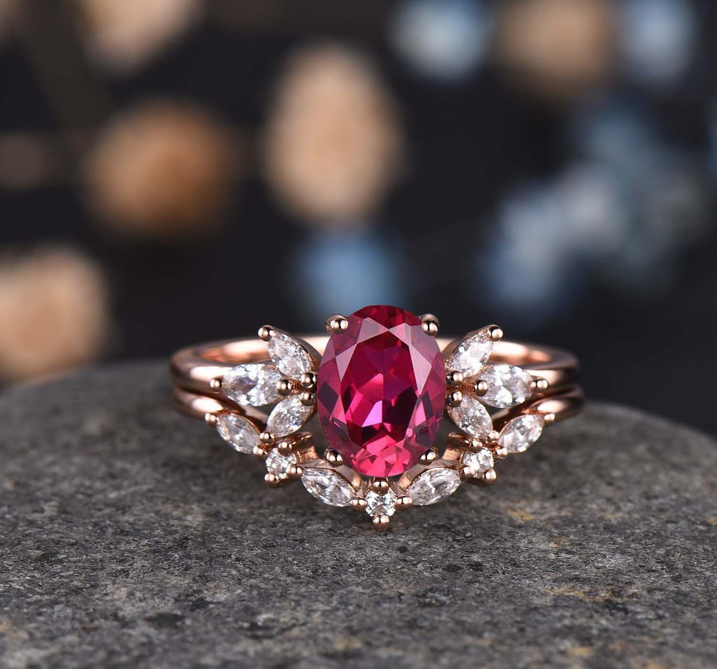 Ruby Engagement Ring Oval Cut Created Red Ruby Ring 14k Rose Gold Moissanite Band Crown Bridal Jewelry Unique Design Jewelry Bridal Ring Set