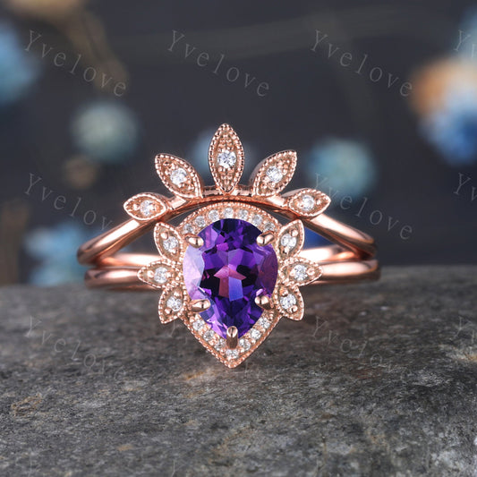 Amethyst wedding ring set, Pear shaped engagement ring rose gold, purple gemstone ring,curved wedding band