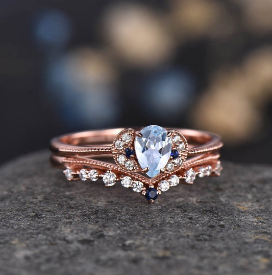 Pear Shaped Aquamarine Rose Gold Wedding Ring Set Diamond Stackable Matching Band Engagement Art Deco Ring Vintage Anniversary Gift