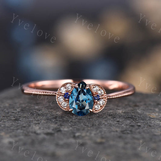 London Blue Topaz Ring, Rose Gold Ring, Pear Topaz Engagement Ring, Diamond Band, November Birthstone, Promise Ring, Blue Gemstone