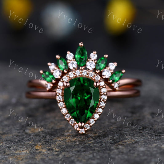 Emerald engagement ring wedding ring set 6x8mm pear cut emerald ring  Marquise Wedding Band art deco moissanite/diamond matching band ring