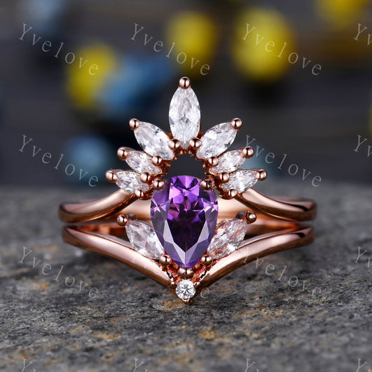 Pear cut amethyst engagement ring set,Purple flora ring,Marquise wedding band,Bridal promise ring set,Promise Gift,February Birthstone