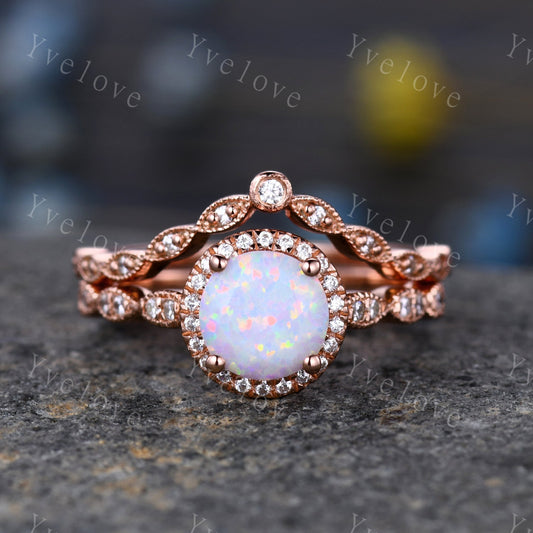 White Fire Opal Engagement Ring  Set Rose Gold Diamond Matching Band halo ring Half eternity milgrain band  Anniversary ring gift for her