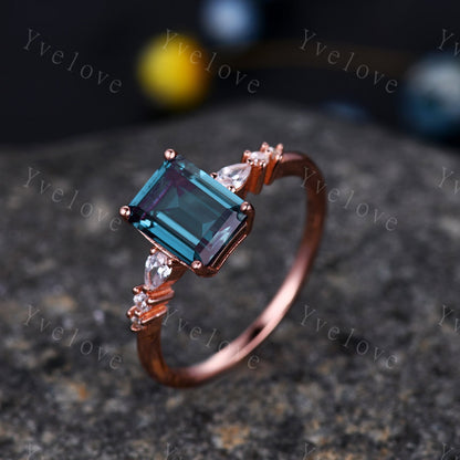 6x8mm  Emerald Cut Alexandrite Engagement Ring 14K Rose Gold Moissanite/Diamond Wedding Band Art Deco  Special Bridal Ring Jewelry Gift