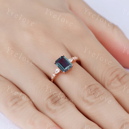 6x8mm  Emerald Cut Alexandrite Engagement Ring 14K Rose Gold Moissanite/Diamond Wedding Band Art Deco  Special Bridal Ring Jewelry Gift