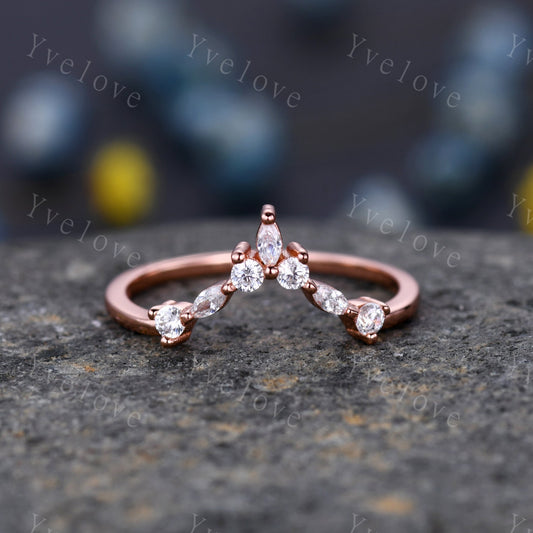 Curved shape stacking band moissanite wedding band 14k rose gold art deco marquise matching band forever classical stone customized