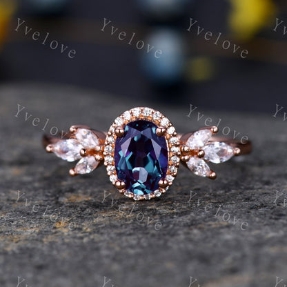Vintage Style Alexandrite Engagement Ring Set Women Diamond Halo Marquise Moissanite Matching Band Stacking Ring Set Unique Gift Marry her