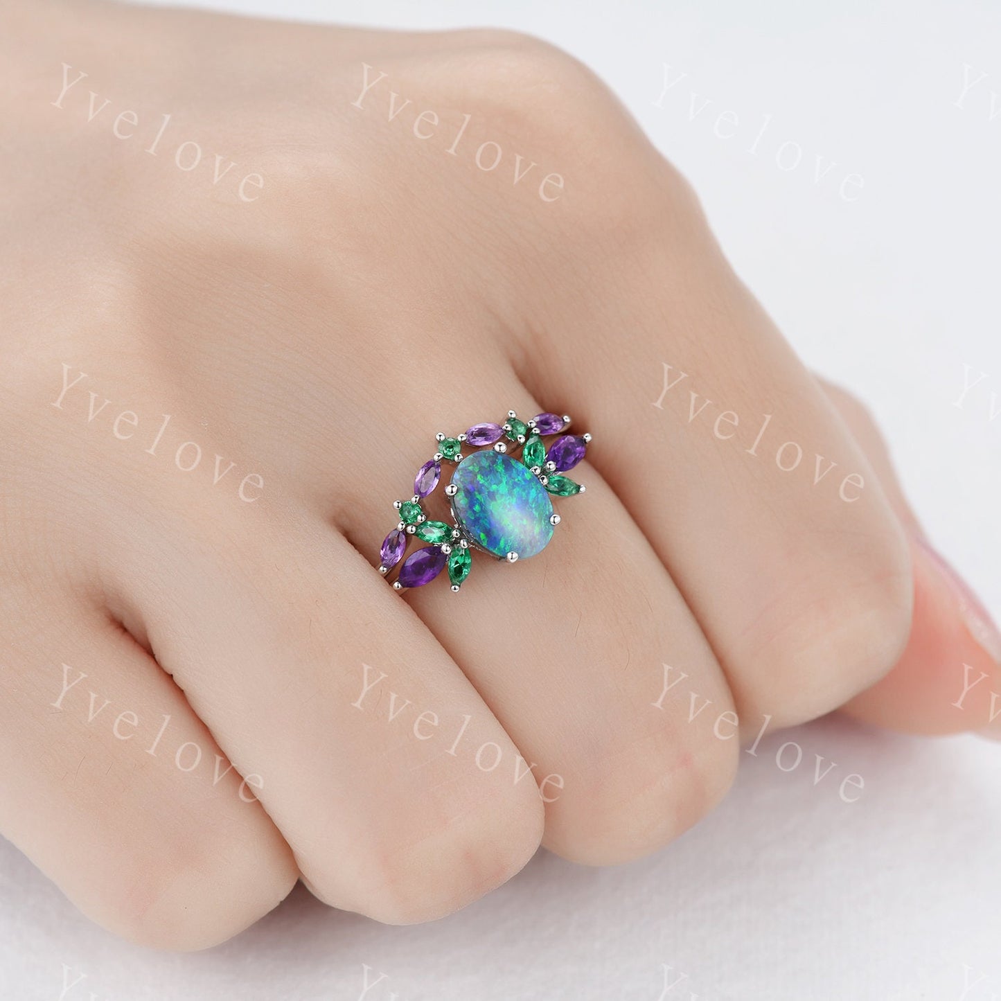 Natural Blue Opal Wedding Ring Set Oval Opal Engagement Ring White Gold Wedding Ring Emerald Amethyst  Promise Jewelry Anniversary Gift