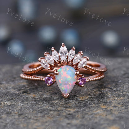 Vintage White Opal Engagement Ring Set 7X5mm Pear Cut  Amethyst Ring Set For Women Marquise Stacking Bridal Set  Promise Anniversary Gift
