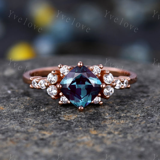 Vintage  cushion cut alexandrite engagement ring rose gold  moissanite ring wedding ring unique June birthstone ring promise ring woman gift