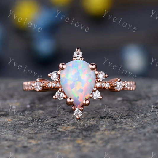 Natural Opal Ring,Pear Opal Engagement Ring , Vintage Opal Bridal Ring,Rose Gold Opal Wedding Ring , Art Deco Moissanite Unique Promise Ring