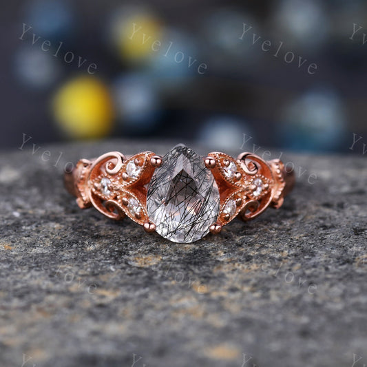 Pear cut black quartz rutilated  engagement Ring diamond ring rose gold wedding ring floral design wedding band milgrain women promise ring