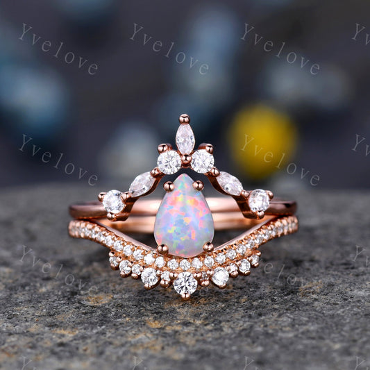 Pear Cut Rose Gold White Opal Engagement Ring Set Wedding Ring Set Marquise stacking wedding band Unique Vintage Bridal Set Anniversary Gift