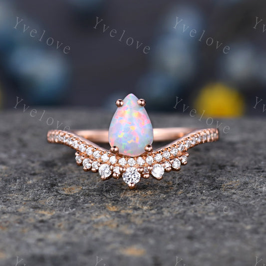 5x7mm Pear Cut White Opal Engagement Ring Fire Opal Ring Wedding Ring  Vintage Opal Ring Bridal Ring Anniversary Ring Women Gift for her