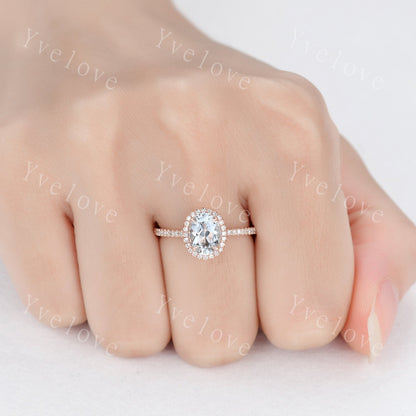 Aquamarine engagement ring rose gold promise ring 6x8mm oval cut natural VS aquamarine solid 14k diamond band halo ring custom ring