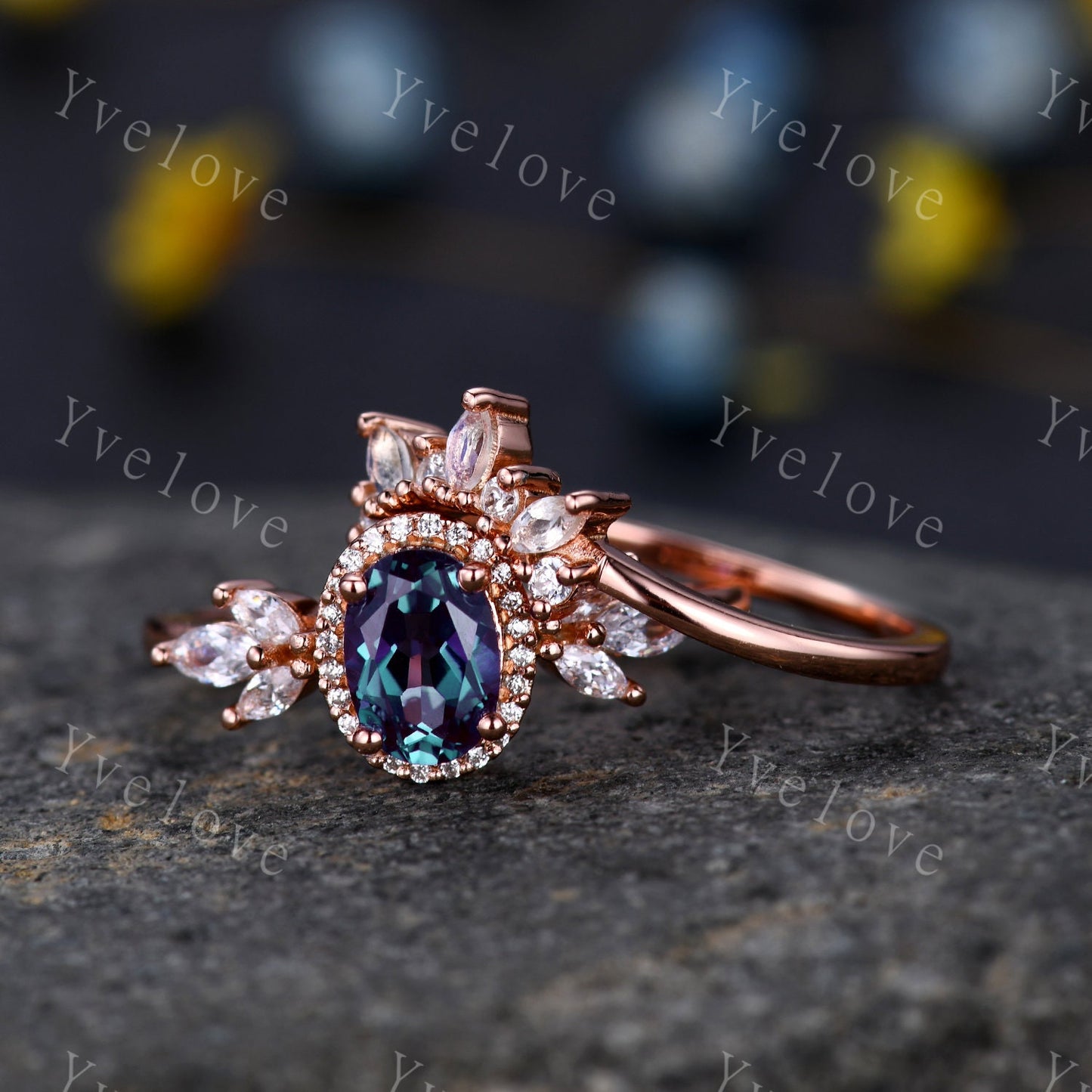 Vintage Style Alexandrite Engagement Ring Set Women Diamond Halo Marquise Moissanite Matching Band Stacking Ring Set Unique Gift Marry her