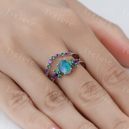Custom order,Natural Blue Opal Wedding Ring Set Oval Opal Engagement Ring White Gold Wedding Ring Emerald Amethyst  Promise Jewelry Gift