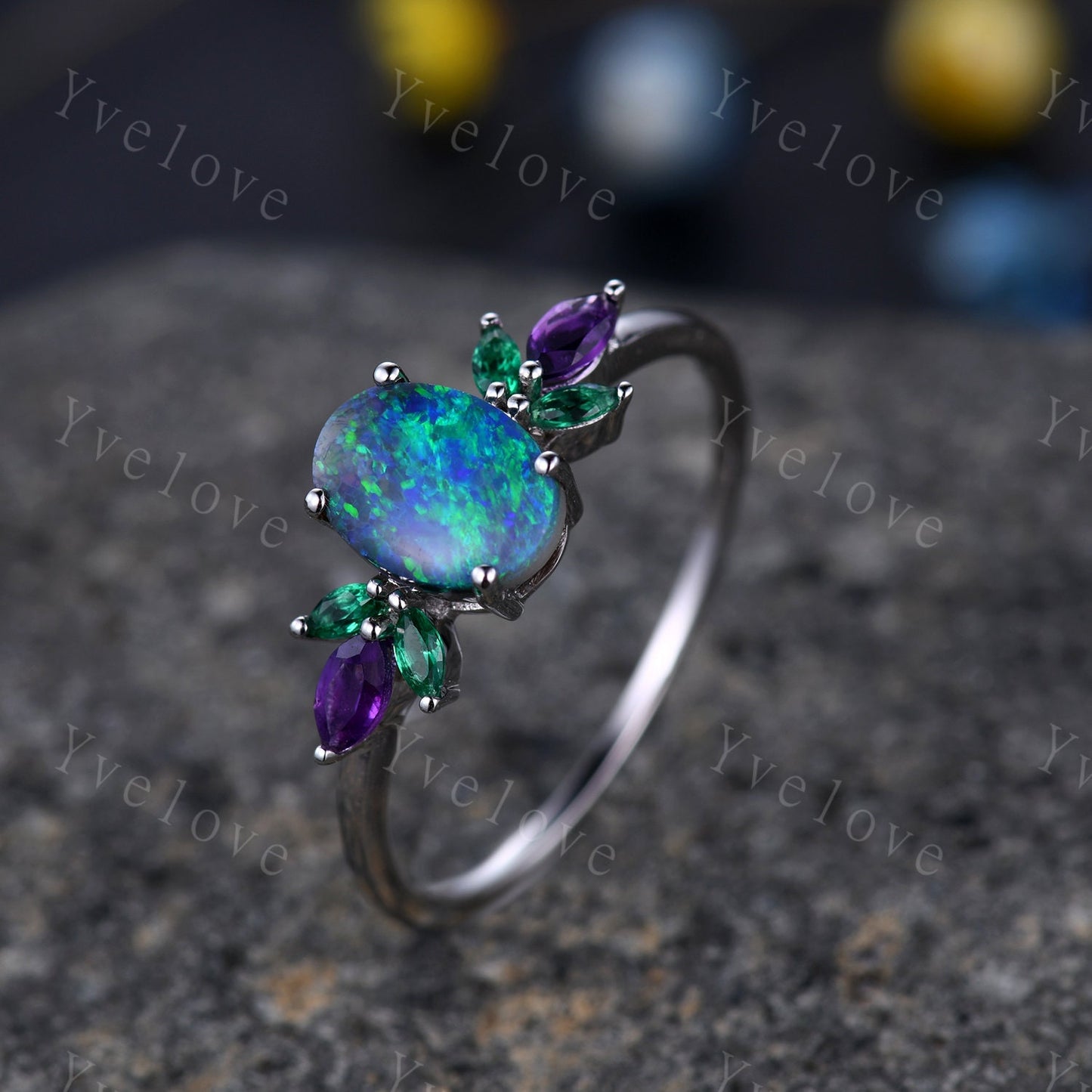 Natural Blue Opal Wedding Ring Set Oval Opal Engagement Ring White Gold Wedding Ring Emerald Amethyst  Promise Jewelry Anniversary Gift