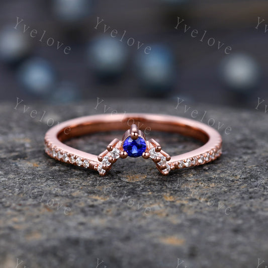 2.5mm Blue Sapphire Diamond Engagement Matching Band Stacking  ring Curved shape Half Eternity diamond Danity wedding band Bridal Ring Set