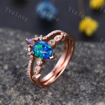 Retro Blue opal engagement ring set  moonstone wedding band half eternity diamond matching band bridal ring set jewelry gift Adjustable