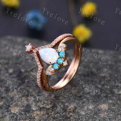 Pear Shaped Opal Ring Set,14K Yellow Gold,White  Opal Turquoise Wedding Ring,Bridal Ring Set,V Shaped Curved Stackable Matching Band Gift