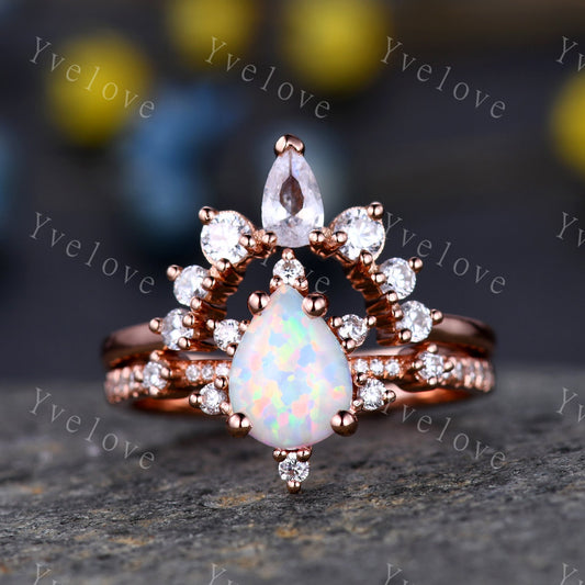 Pear Opal Engagement Ring Set White Fire Opal Bridal Set Moissanite Half Eternity Band 14K Rose Gold  Opal Annivesary  Ring gift for women