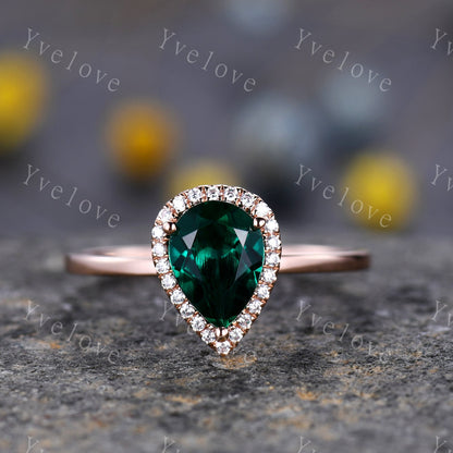 Emerald engagement ring set,Pear cut Emerald Solitaire Ring,14k yellow gold,May Birthstone Ring, Half Eternity diamond matching band Custom
