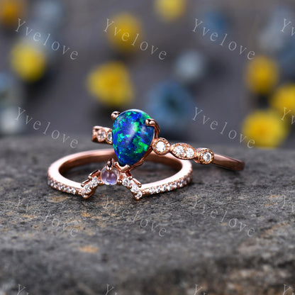 Retro Blue opal engagement ring set  moonstone wedding band half eternity diamond matching band bridal ring set jewelry gift Adjustable