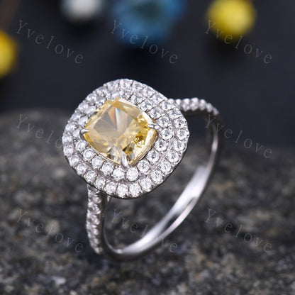 Doule halo Citrine engagement ring 14k white gold Emerald cut yellow citrine wedding ring diamond band November birthstone anniversary ring