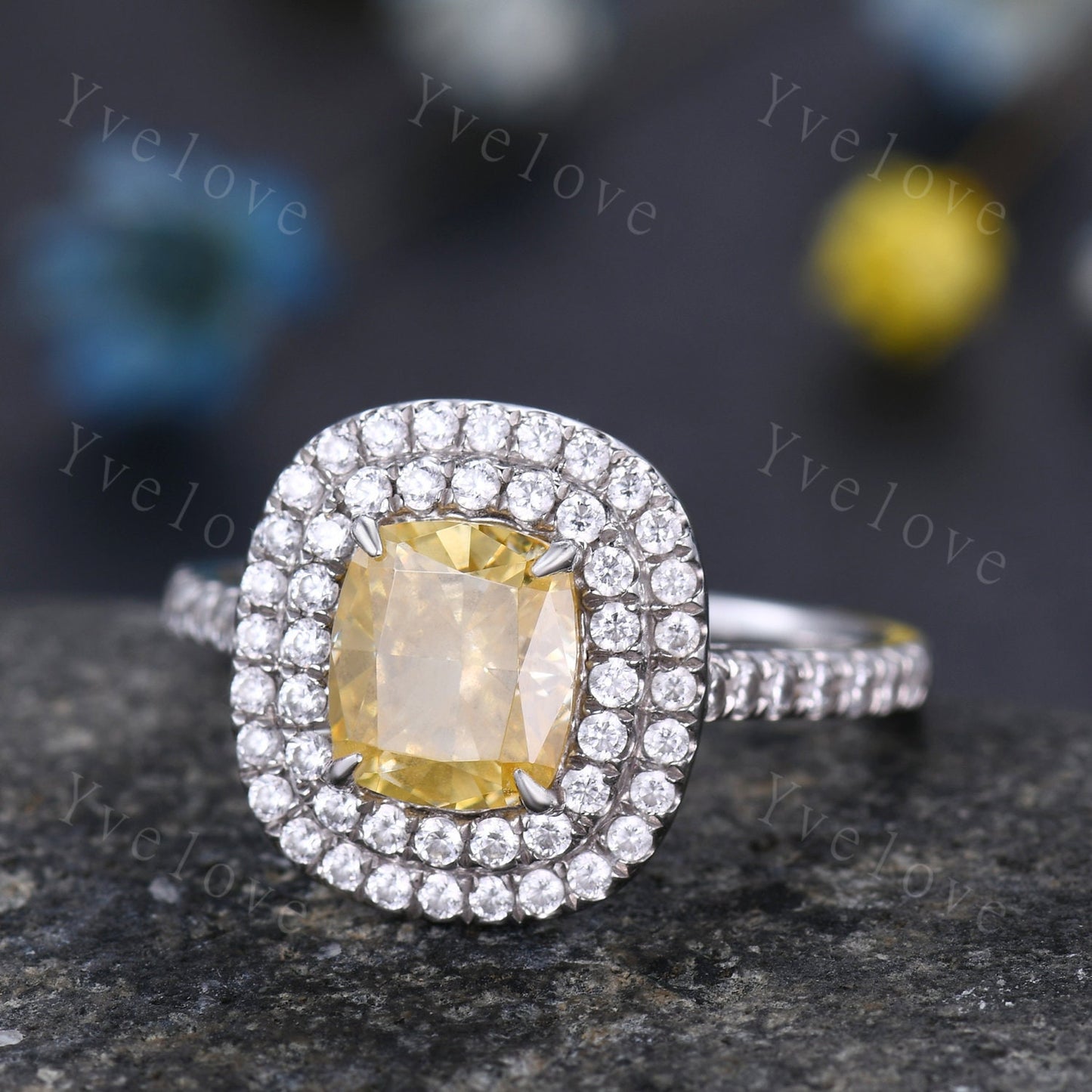 Doule halo Citrine engagement ring 14k white gold Emerald cut yellow citrine wedding ring diamond band November birthstone anniversary ring