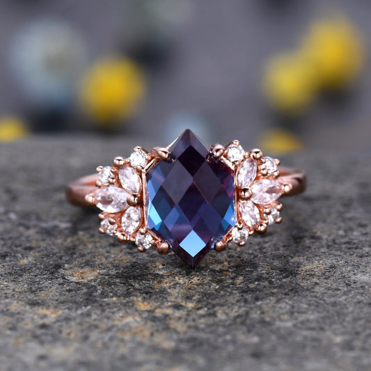 Vintage Alexandrite engagement ring,Unique Hexagon Cut  Cluster CZ Diamond Ring,Bridal Wedding Ring For Women Jewelry Gift,Statement Ring