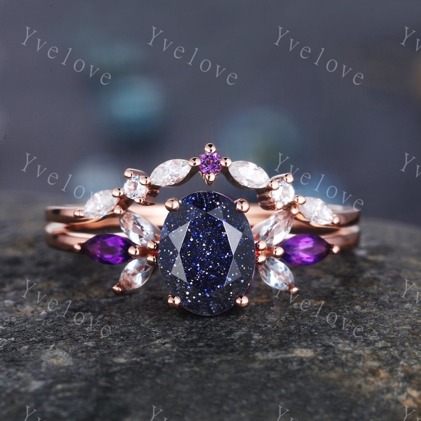 Vintage Blue Sandstone Engagement Ring set Unique Rose Gold Oval cut Bridal set Art deco curved stacking band promise anniversary rings gift