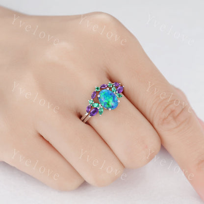 Blue Opal Wedding Ring Set Oval Opal Engagement Ring  Emerald Amethyst Wedding Ring Three Birthstones Family Stone Jewelry Anniversary Gift