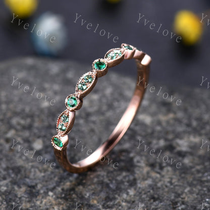 Emerald wedding band 14k rose gold art deco half eternity ring Emerald matching band simple ring anniversary ring May Birthstone customized