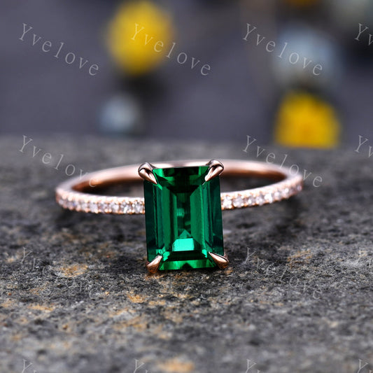 Emerald engagement ring 6x8mm emerald-cut lab created emerald ring real diamond wedding band diamond setting 14k rose gold birthstone ring
