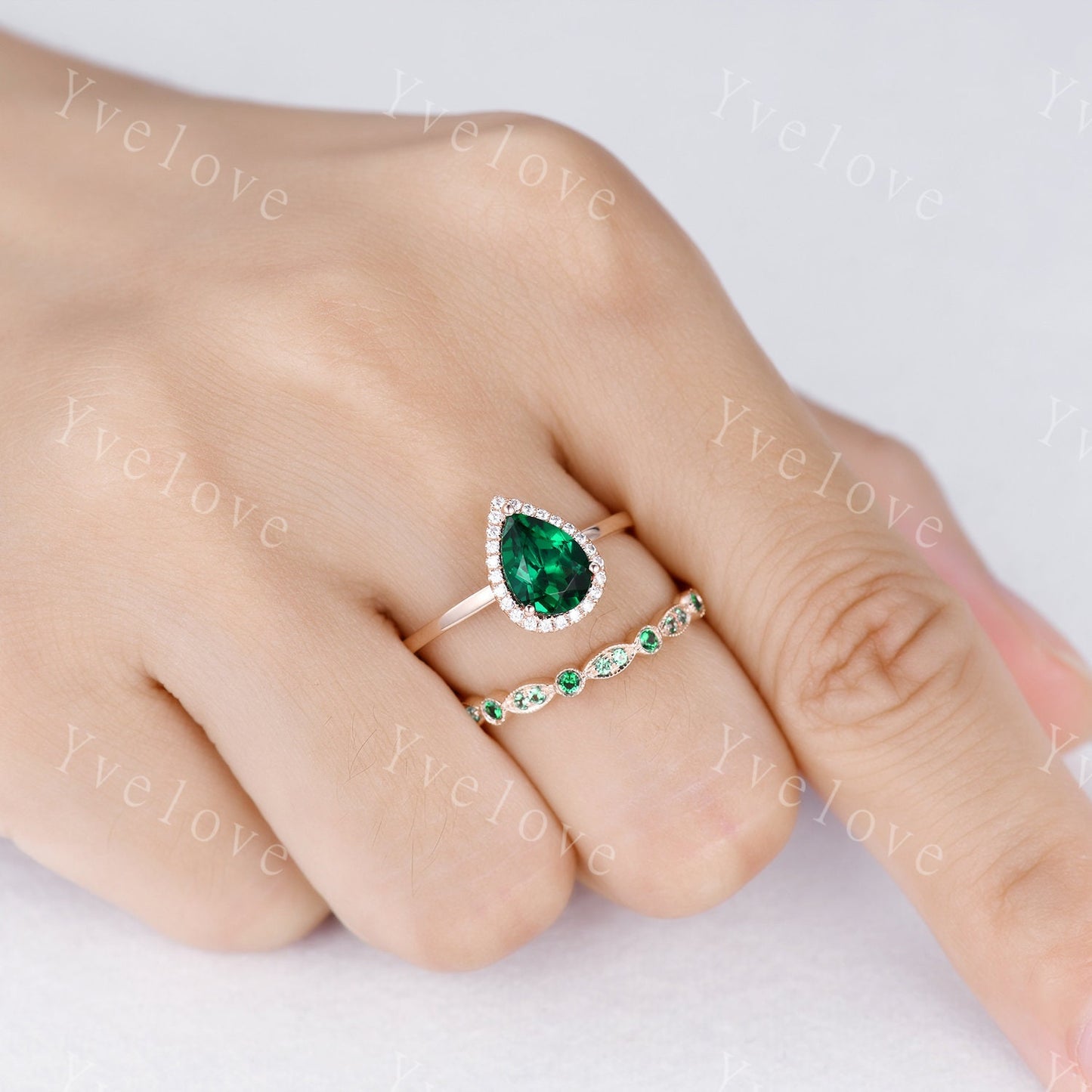 Emerald engagement ring set,Pear cut Emerald Solitaire Ring,14k yellow gold,May Birthstone Ring, Half Eternity diamond matching band Custom