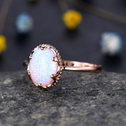 10x8mm Oval White Opal Engagement Ring Prong Set Opal Ring Solid 10K/14K/18K Rose Gold Anniversary Promise Ring Bridal Ring Christmas Gift