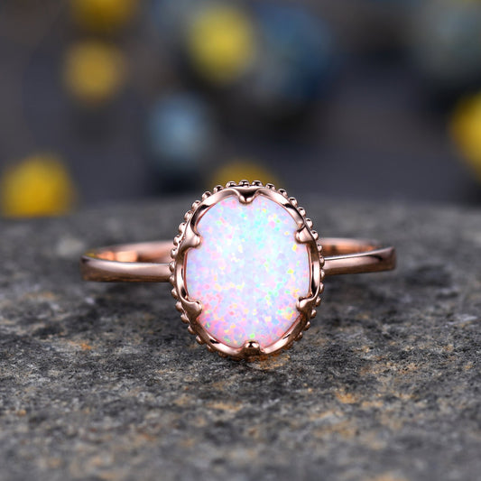 10x8mm Oval White Opal Engagement Ring Prong Set Opal Ring Solid 10K/14K/18K Rose Gold Anniversary Promise Ring Bridal Ring Christmas Gift