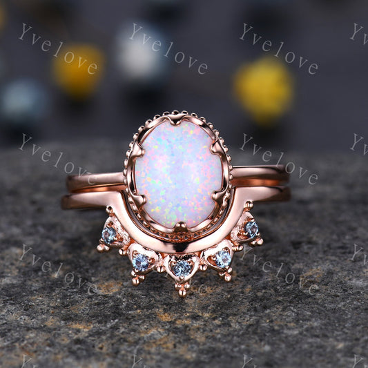 Oval Fire Opal Engagement Ring Set Chevron Alexandrite Crown Wedding Ring 14K /18K Art Deco Micro Pave Birthstone Gift Promise Wedding Ring