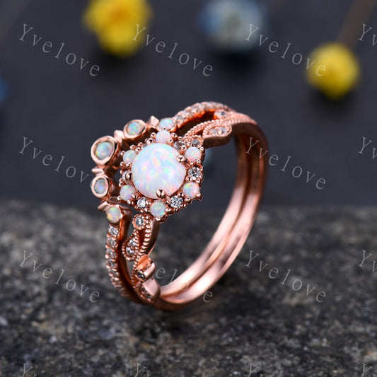 Dainty Opal Engagement Ring Set Rose Gold Diamond Opal Matching Band For Women Stacking Bridal Wedding Ring Set Birthstone Promise Jewelry