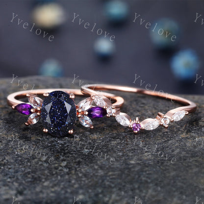 Vintage Blue Sandstone Engagement Ring set Unique Rose Gold Oval cut Bridal set Art deco curved stacking band promise anniversary rings gift