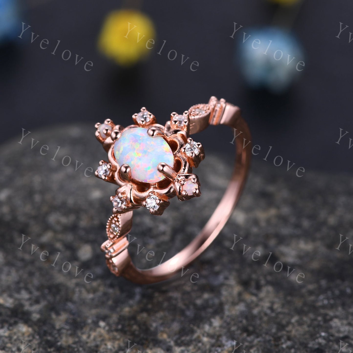 Vintage Opal Ring 14K Rose Gold Engagement Ring Promise Ring October Birthstone Diamond Ring Elegant Anniversary Birthday Gift For Mom Her