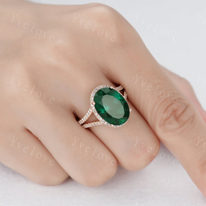 10x14mm Emerald Engagement Ring Diamond Wedding Band Oval Emerald Gemstone Women Bridal Ring Split Shank Statement Ring Anniversary Ring