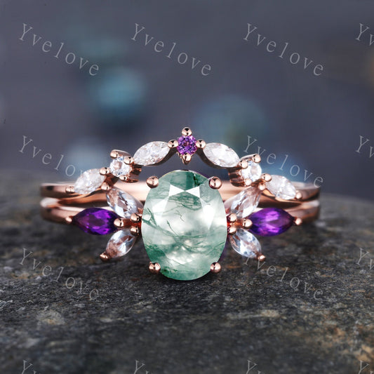 Vintage Moss Agate engagement ring set Pear shaped women rose gold marquise amethyst engagement ring unique curved wedding band Bridal ring