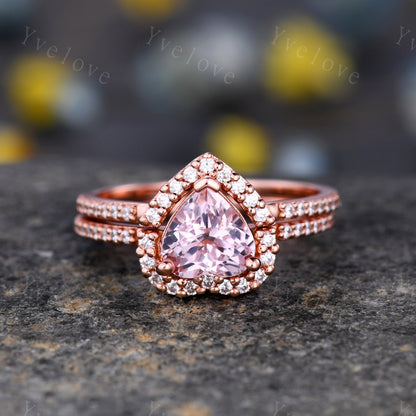Heart shape Morganite engagement ring set pink morganite ring 7mm  natural gemstone ring diamond ring diamond wedding band 14k solid gold