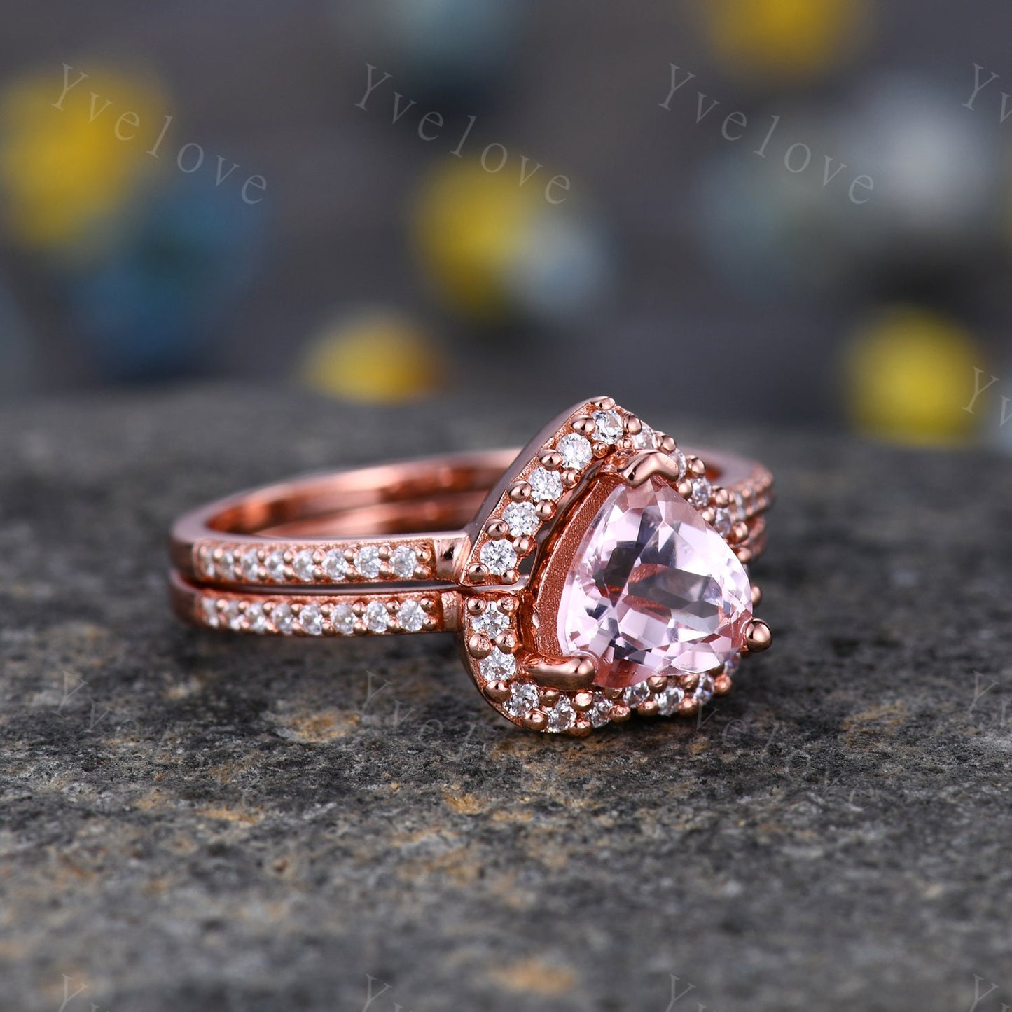 Heart shape Morganite engagement ring set pink morganite ring 7mm  natural gemstone ring diamond ring diamond wedding band 14k solid gold