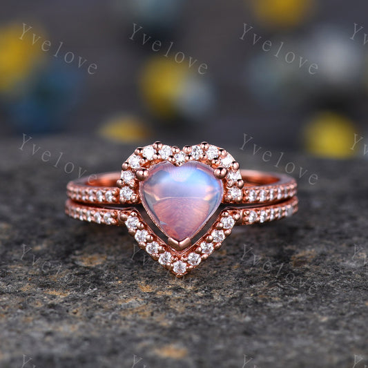 Real Moonstone Engagement Ring Set,14K Rose Gold,Heart Shape Moonstone Bridal Set, Art Deco Wedding Band,Gift For Her,Ring Gift For Wife Her